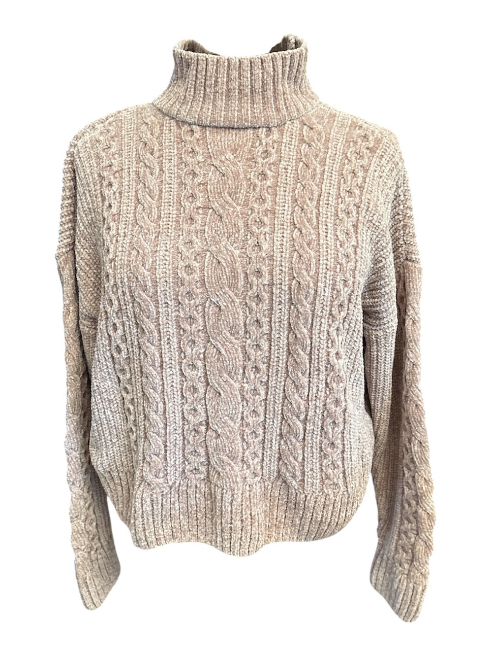 Rachel Zoe Beige Cable Knit Turtleneck Sweater slightly cropped long sleeve Sz S - Picture 1 of 8